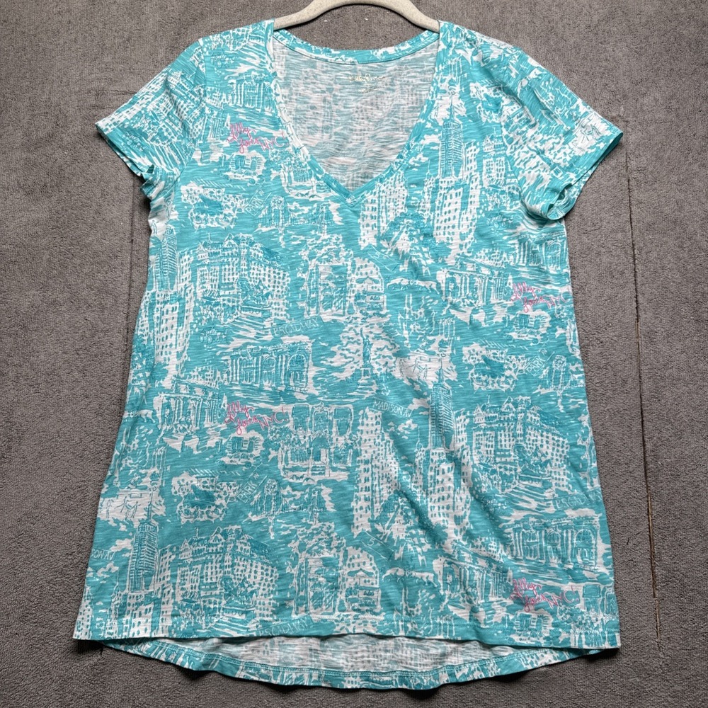 Lilly Pulitzer Lilly Loves NYC V-Neck Top Green White Graphic Print Women's XS